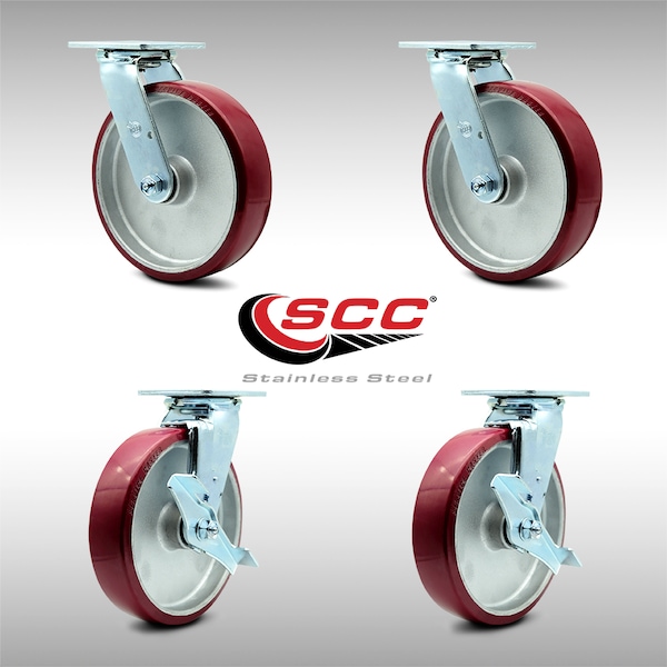 8 Inch SS Poly on Aluminum Swivel Caster Set with Roller Bearings 2 Brakes SCC